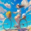 Placeholder: A girl is riding a bicycle on the beach. His cat is sitting in the front basket of the bicycle. Spring flowers can be seen everywhere. Beautiful blue sky with white clouds - kites in the sky. sense of peace. digital art, anime, 8k, full details, colorful, high resolution