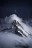 Placeholder: one single snowy mountain sharp face rises out of the mist into the night sky.