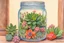 Placeholder: mason jar, flowering succulents, pearls, border of botanicals, colored pencil drawing