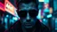 Placeholder: Full Body Portrait Of man with dark circular sunglasses, short hair, Big Wide Set Eyes, Cute Nose,, Unique Moody Face, At Night, Cinematic Detailed Mysterious Sharp Focus High Contrast Dramatic Volumetric Lighting :: cyberpunk, blue and red neon colors ::