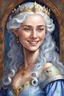 Placeholder: peinture, Maegelle Targaryen, 16 ans, souriante . incarne le charme des Targaryen avec ses mèches dorées chatoyantes, ses yeux saphir saisissants et son visage doux en forme de cœur. Sa silhouette élancée, ornée de traits délicats, accentue son élégance royale, tandis que ses mouvements gracieux reflètent l'innocence et la curiosité de la jeunesse. Elle porte des robes fluides bleu pâle et bleu sarcelle, ajoutant à son charme intemporel.
