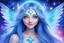 Placeholder: A beauty Fairy women with long blue straight hair, with a beautiful face, and Blue big eyes. She has Crystal wings and sweety elegant smile.She Is a magic sacred dancer in cosmica ceremony..the background Is a magic coloured bright galaxy, with a stars. She Is so fine gentle and with grace