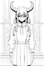 Placeholder: girl with demon mask in the middle of the room, line arts, manga style