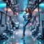 Placeholder: make a picture pretty stage made of metallic cyan-gray teme 3d fractal recursive cubic and sphere base structures and a beautiful fashion model lady posing with cute,with blue teme Chic style pants with a tight shirt and jacket,high heels ,makeup curvy long hair,dynamic camera zoom to full body and pan, dynamic lights.