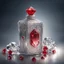 Placeholder: Silver rectangular perfume bottle with red crystal cap and small silver decorations. Illustrative art, art interpretation, concept art, cgsociety contest winner, seasonal art, seasonal art HD, 4k, 8k, intricate, detailed, intricately detailed, luminous, translucent fantasy crystal, holographic data, soft body, shadow play, light, fog, atmospheric, cinematic, light film, hyper-detailed, hyper-realistic, masterpiece, atmospheric, high resolution, 8k, HDR, 500px, mysterious and artistic digital art