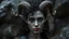 Placeholder: Grey skinned tiefling woman black curly hair goat horns