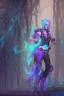 Placeholder: standing steampunk elf with blue hair in a neon dystopian forest