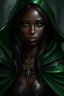 Placeholder: beautiful, Bella eyes, fae, drow, elf, black hair, ebony skin, green eyes, druide, black leather robes,coat, fantastic realism style, high fantasy