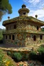 Placeholder: A brown palace on a mountain designed in ancient Greek mosaics painted by Max Ernst