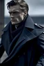 Placeholder: Medium hair Length, slicked back hair, Dressed in a fitted, dark-blue trench coat, A sleek, silver-lined scarf flutters in the wind. Sniper on his back, man