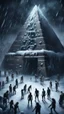 Placeholder: Hyper Realistic areal view of zombies outside a frozen pyramid at dark snowfall night