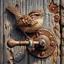 Placeholder: Small brown wren with intricate feathers perched on a weathered barn door, the door is cracked and rotting with a rusting handle, intricate woodgrain patterns with peeling paint, rusted bolts, deep textures, acrylic art, highly detailed