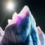 Placeholder: photograph of a (one massive colorful crystal:1.2) growing out of the crystal rocky mountain, (focus on crystal:1.2), 4k, 8k, (highly detailed), ((landscape)),(translucent crystal:1.1), light going trough the crystal, bokeh, chromatic aberration, mountain view,