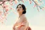 Placeholder: A Japanese woman in a soft peach and pale pink kimono decorated with cherry blossoms. She walks beneath drifting sakura petals, her gaze turned gently upward toward the bright spring sky. Her expression is peaceful yet full of longing. The breeze lifts her sleeve, and she continues walking slowly. The composition is rendered with painterly textures and soft light. Vintage Japanese scroll effect. --v 7 --style raw --ar 2:3 --q 2