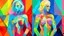 Placeholder: Abstract painting featuring two full-length women, each with multiple facial features, against a background of bold, geometric color blocks. The woman on the left has blonde hair and peachy skin, with her body colored in vibrant shades of pink and green. The woman on the right has blue skin and an orange body, with darker blue hair. The color palette includes yellow, blue, pink, green, orange, purple, and white, in varying intensities, creating a visually striking contrast. The painting employs