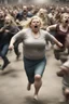 Placeholder: an obese terrified blonde woman running away from an angry mob of hundreds chasing behind her