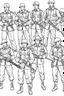 Placeholder: Outline art for coloring page OF A BOX OF 1945 TOY SET OF U.S. PLASTIC TOY ARMY SOLDIERS, coloring page, white background, Sketch style, only use outline, clean line art, white background, no shadows, no shading, no color, clear