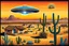 Placeholder: a giant mexican sombrero-shaped ufo in the blue sky above an old authentic mexican village, some mexican villagers look in wonder at the ufo in the sky, in the distance desert and cacti, sparse grass, vibrant colors, psychedelic, very detailed, cinematic