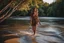 Placeholder: beautiful girl walking toward camera in trees next to wavy river with clear water and nice sands in floor.camera capture from her full body front