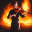 Placeholder: violin on fire, playing notes in a volcano