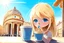 Placeholder: contented cute blonde blue eyed chibi girl drinking coffee in Rome in sunshine