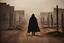 Placeholder: hooded stranger walking the dusty wasteland, hidden face, crashed airplane in background, heads on poles