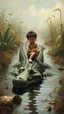 Placeholder: A small boy riding on a crocodile in water a forgotten battlefield overrun by vegetation, cutesy tiktok detailed oil painting, grainy, old style