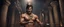 Placeholder: Hyper Realistic shirtless muscular handsome short black hair Indian King smiling wearing crown & holding bow & arrow in dark catacombs with traditional pillars at night