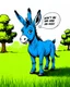 Placeholder: 3D Sketch style, ink, modern aesthetic, elegant and abstract image of a blue, anthropomorphic donkey, with big ears, with a speech bubble that says "Don't be an ass!". The donkey is standing in a lush green field with some trees.