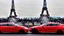 Placeholder: A Tesla's 'Model S Plaid' is racing at top speed, by the Eiffel Tower, in Paris. CINEMATIC. WIDE ANGLE LENS.