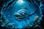 Placeholder: A blue underwater abyss with angler fish designed in Japanese Oni masks painted by Thomas Hart Benton