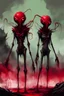 Placeholder: A sketch of the war of Thekea in the style of H G Sulzberg, alien hats with long legs and green eyes standing in red liquid on an apocalyptic battlefield, dark fantasy, digital art style, brush strokes, ink wash, horror, dark grey background, red highlights.