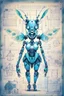 Placeholder: Hand drawn technical illustration , with detailed blueprints and engineering schematics of a robotic hybrid walking leaf insect girl, with highly detailed facial features, drawings, and technical notation, 8k, vibrant natural colors