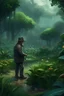 Placeholder: dark and tranquil bosque with much flora and rain , a man with a hat is gardening