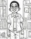 Placeholder: coloring page, depicting a black kid as a doctro, full body, outline, black and white, highly defined, white background, empty background, cartoon style, coloring book style