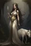 Placeholder: full body portrait of Cynara, the antagonist of a youth fantasy novel; she is a patron but became mean after a stroke of faith, she is beautiful, her patron animal is a unicorn, her stone is an auralith, her best friend is Elysia who is the light of life, Cynara has long dark hair, her appearance is like a greek goddess,