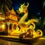 Placeholder: A yellow palace with glowing light dragons designed in Hawaiian tiki statues painted by Vincent van Gogh