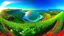 Placeholder: wide angle lens perspective showing curvature of earth at the horizon, brilliant lush vibrant landscape giving way to the ocean, trees flowers waterfall verdant, eco-friendly, award winning photography