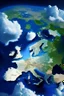 Placeholder: European countries are viewed from space, roads, cities, signs are visible. Highlight the names of the countries on the map. The clouds are naturalistic