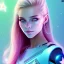 Placeholder:  beautiful girl, smiling, longs and blonds hairs,blue eyes , realistic, pink turquoise light and stars