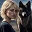 Placeholder: ultra realistic photograph of a very thin young woman with short blonde hair and blue eyes wearing a loose black teeshirt standing next to a black wolf