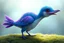 Placeholder: adorable blue and purple bird, elongated like a dino and fluffy like in an dreamlike animation, with a weasel face