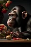 Placeholder: photo of [close-up view fashion Chimpanzee side profile monocle sits and posing at a table with food and flowers], by Peter Lippmann, in the style of baroque-inspired still lifes, anthropomorphic, [brown and beige and vivid red], moody tonalism, app logo, aetherclockpunk, lively tableaus, dutch genre scenes, historical genre scenes, nocturne, eye-catching --v 5.2