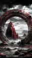 Placeholder: image of A rocky portal of a strange ring with strange symbols on it , the world of gray. those in the grayscale. Those beyond the portal in the color world are scary a stormy wether in the. Background in fine lines draw