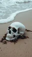 Placeholder: A skull covered with sea weed laying on the beach with a rough waves