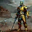 Placeholder: a lone paladin wearing golden armor, no helmet, medieval battle background