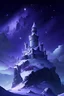 Placeholder: A large castle made of white stone with a town. It sits atop a snowy mountain and in a peak beside it is an observatory. The sky is a dark purpleish blue with lots of stars. A large observatory