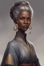 Placeholder: 50-year-old sorceress, brown eyes and dark skin, gray hair tied up in a serious bun, dressed in a diplomatic tunic, with a serious look.