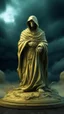 Placeholder: A full body of a hooded shadow standing in front a sculpture liguid color of photorealistic image 3d,psychedelic art of an a creature emerging from dreamlike a statue surrounded by The faces appears pale with deep cracks and intricate details, evoking a haunting expression. A statue intertwine with the gold mengkilat cracks, set against a backdrop of stormy, cloud-filled skies. bauhaus art The overall tone is dark and moody, Busch painting style nightmare