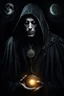 Placeholder: man with glowing eyes in dark hood, on his chest mystic witch medal, vampire man, black hair, dark shadows, dark fantasy, surreal, black, goth, gothic, mystic, mist, Moon, crepy stunning